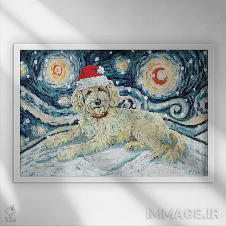 تابلو دکوراتیو دودل کرم رنگ در یک شب برفی اثر گرچن کیش سرانو - نمای قابدار سفید