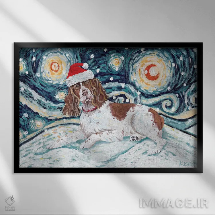 تابلو دکوراتیو انگلیش اسپرینگر اسپانیل در یک شب برفی اثر گرچن کیش سرانو - نمای قابدار مشکی