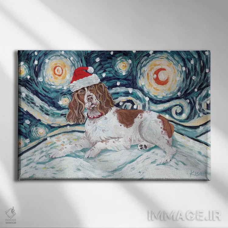 تابلو دکوراتیو انگلیش اسپرینگر اسپانیل در یک شب برفی اثر گرچن کیش سرانو - نمای روبهرو روی دیوار