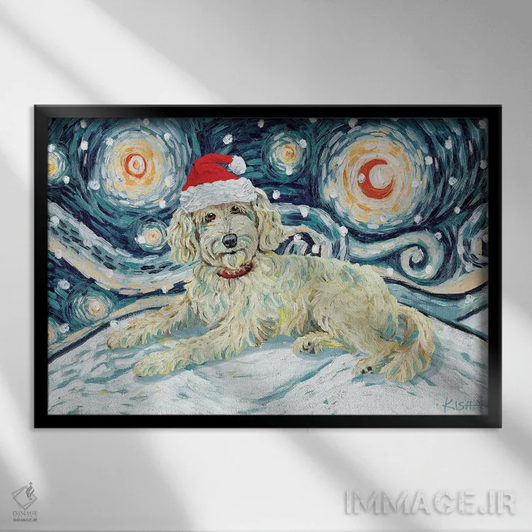 تابلو دکوراتیو دودل کرم رنگ در یک شب برفی اثر گرچن کیش سرانو - نمای قابدار مشکی