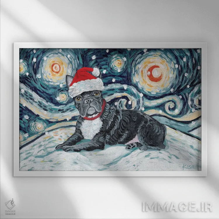 تابلو دکوراتیو بولداگ فرانسوی در یک شب برفی اثر گرچن کیش سرانو - نمای قابدار سفید