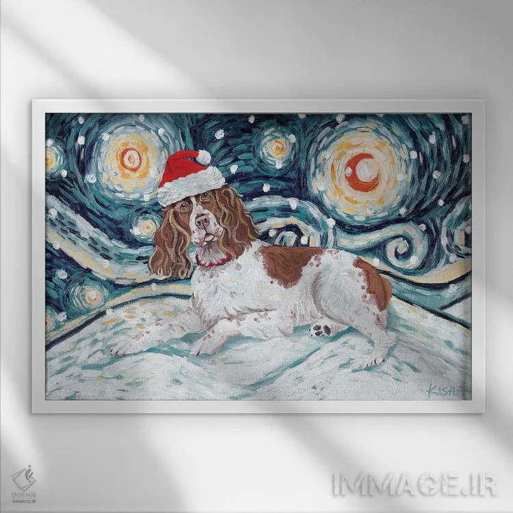 تابلو دکوراتیو انگلیش اسپرینگر اسپانیل در یک شب برفی اثر گرچن کیش سرانو - نمای قابدار سفید