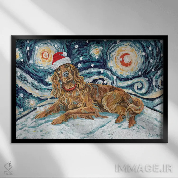تابلو دکوراتیو ایریش ستر در یک شب برفی اثر گرچن کیش سرانو - نمای قابدار مشکی