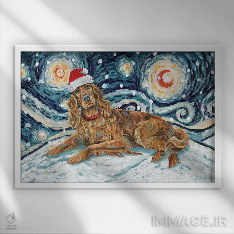 تابلو دکوراتیو ایریش ستر در یک شب برفی اثر گرچن کیش سرانو - نمای قابدار سفید