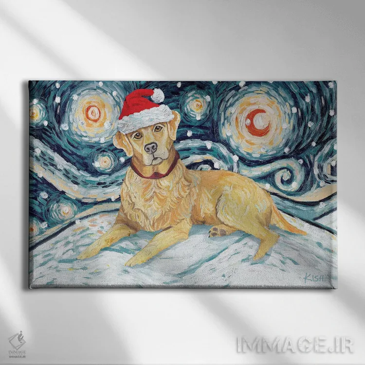 تابلو دکوراتیو لبرادور زرد در یک شب برفی اثر گرچن کیش سرانو - نمای روبهرو روی دیوار