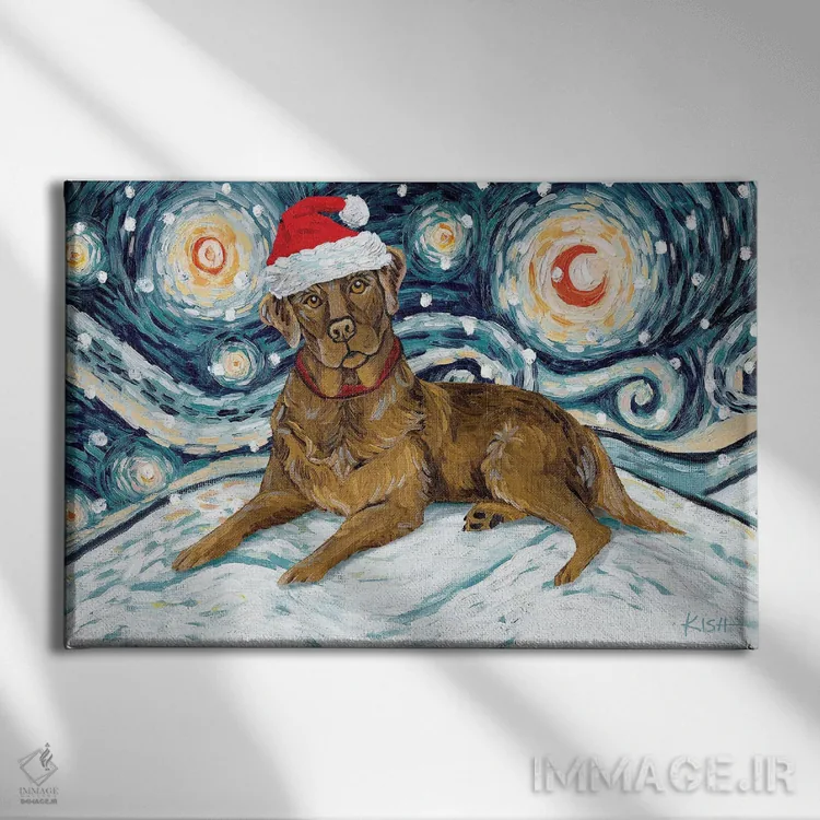 تابلو دکوراتیو لبرادور شکلاتی در یک شب برفی اثر گرچن کیش سرانو - نمای روبهرو روی دیوار