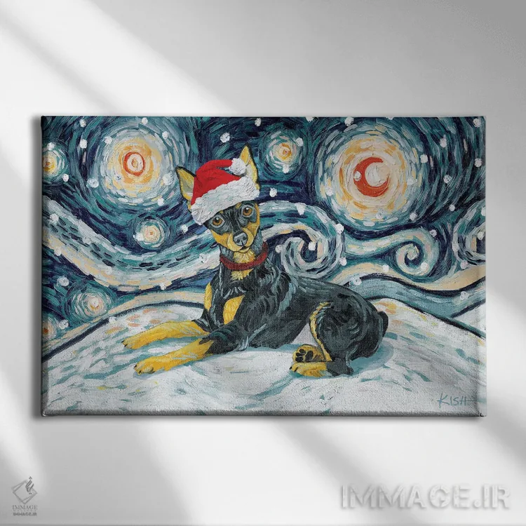 تابلو دکوراتیو مینیاتور پینشر در یک شب برفی اثر گرچن کیش سرانو - نمای روبهرو روی دیوار
