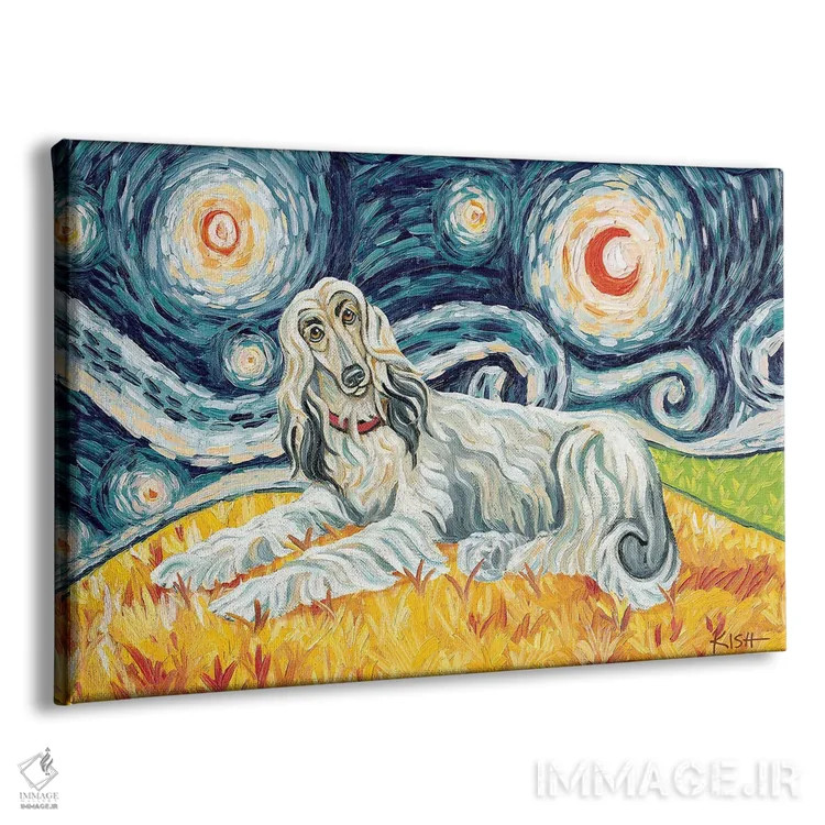 تابلو دکوراتیو سگ افغان در یک شب پرستاره روشن اثر گرچن کیش سرانو - نمای پرسپکتیو محصول