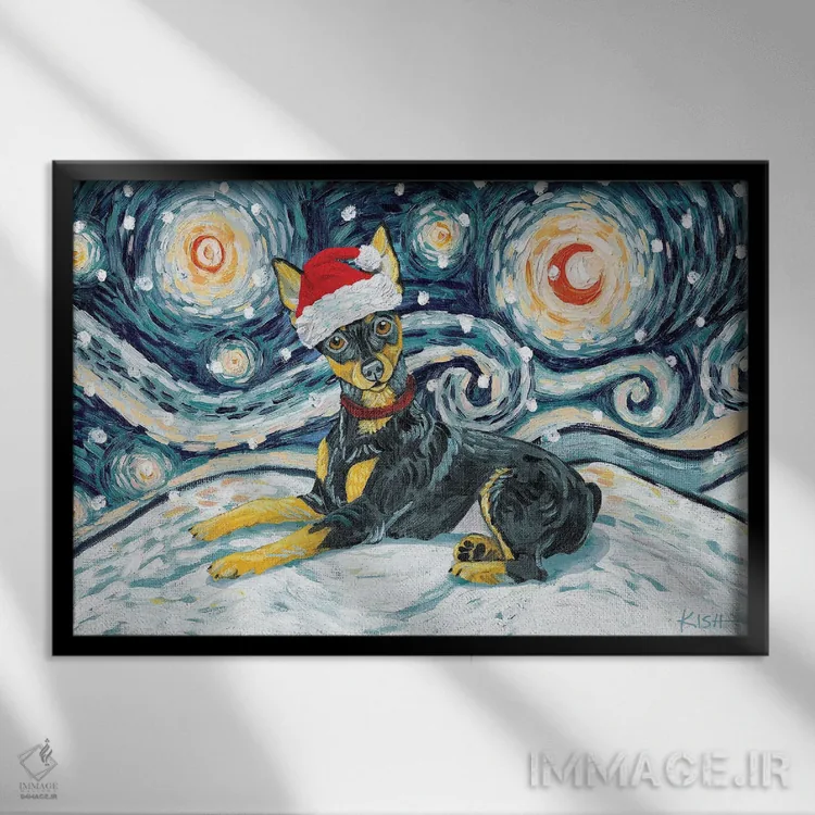 تابلو دکوراتیو مینیاتور پینشر در یک شب برفی اثر گرچن کیش سرانو - نمای قابدار مشکی