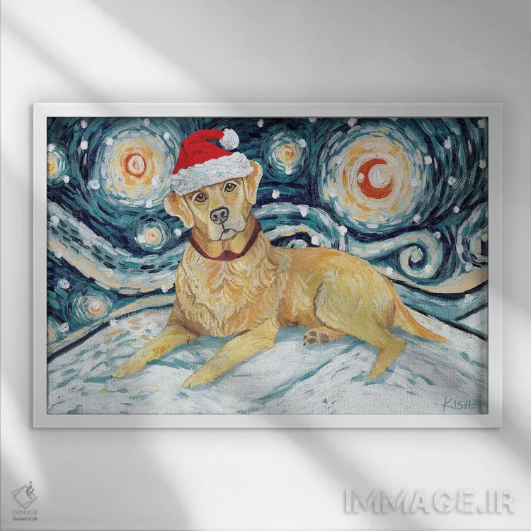 تابلو دکوراتیو لبرادور زرد در یک شب برفی اثر گرچن کیش سرانو - نمای قابدار سفید