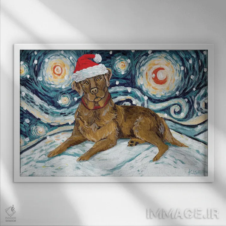 تابلو دکوراتیو لبرادور شکلاتی در یک شب برفی اثر گرچن کیش سرانو - نمای قابدار سفید