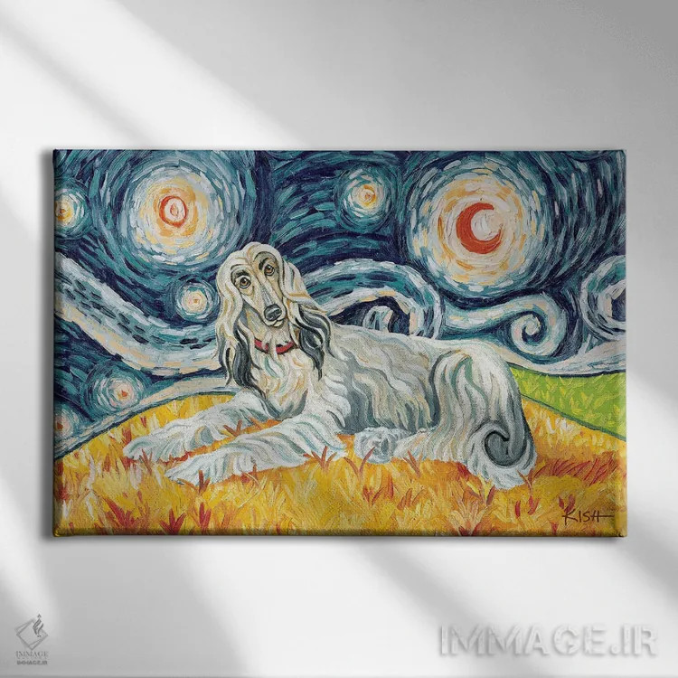 تابلو دکوراتیو سگ افغان در یک شب پرستاره روشن اثر گرچن کیش سرانو - نمای روبهرو روی دیوار
