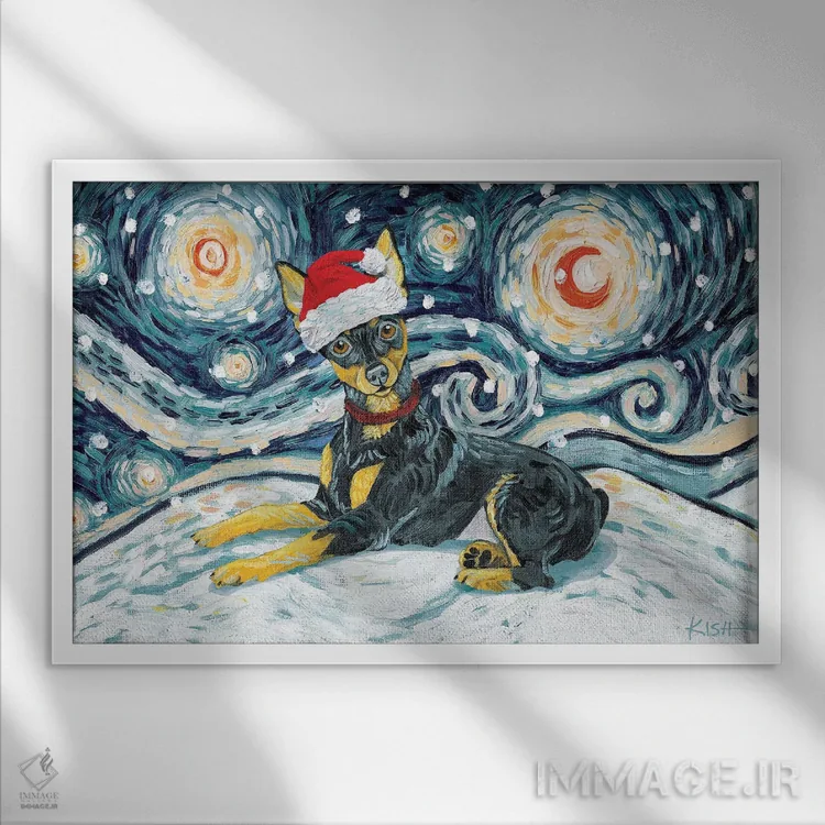 تابلو دکوراتیو مینیاتور پینشر در یک شب برفی اثر گرچن کیش سرانو - نمای قابدار سفید