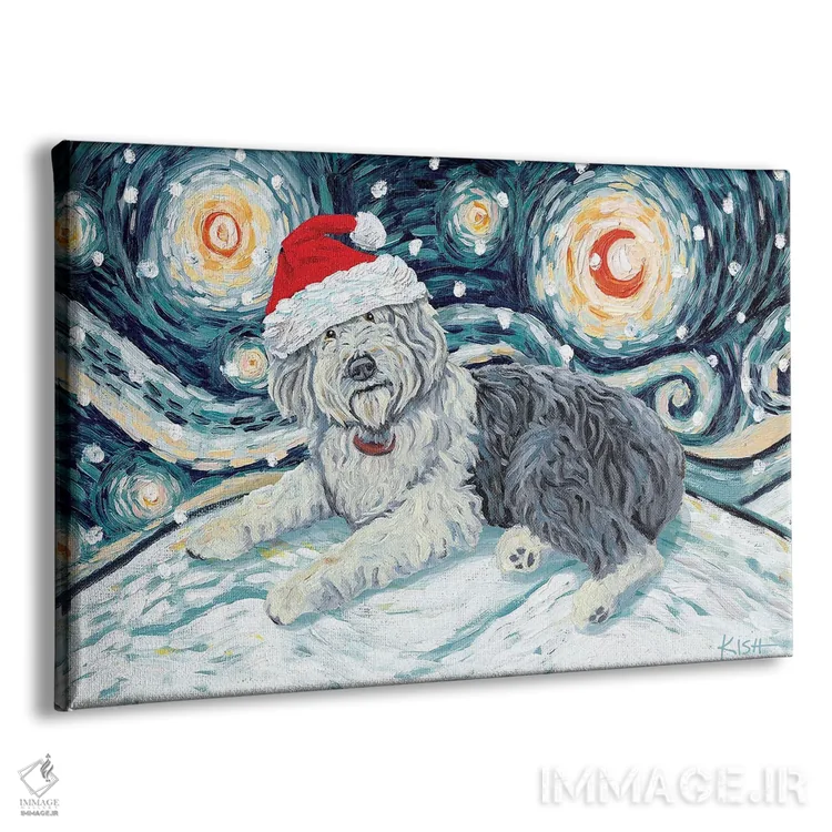 تابلو دکوراتیو شیپ داگ انگلیسی قدیمی در یک شب برفی اثر گرچن کیش سرانو - نمای پرسپکتیو محصول