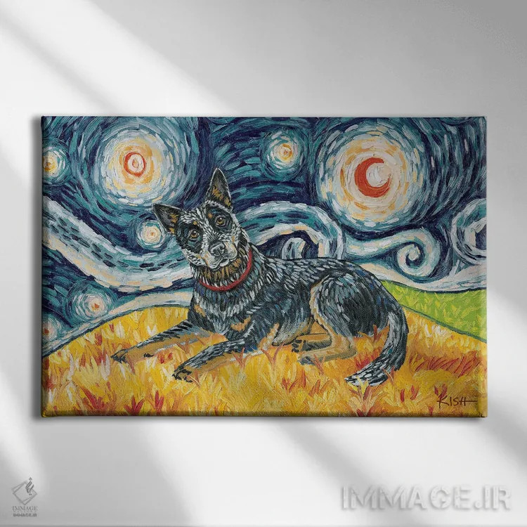 تابلو دکوراتیو سگ گله استرالیایی در یک شب پرستاره اثر گرچن کیش سرانو - نمای روبهرو روی دیوار