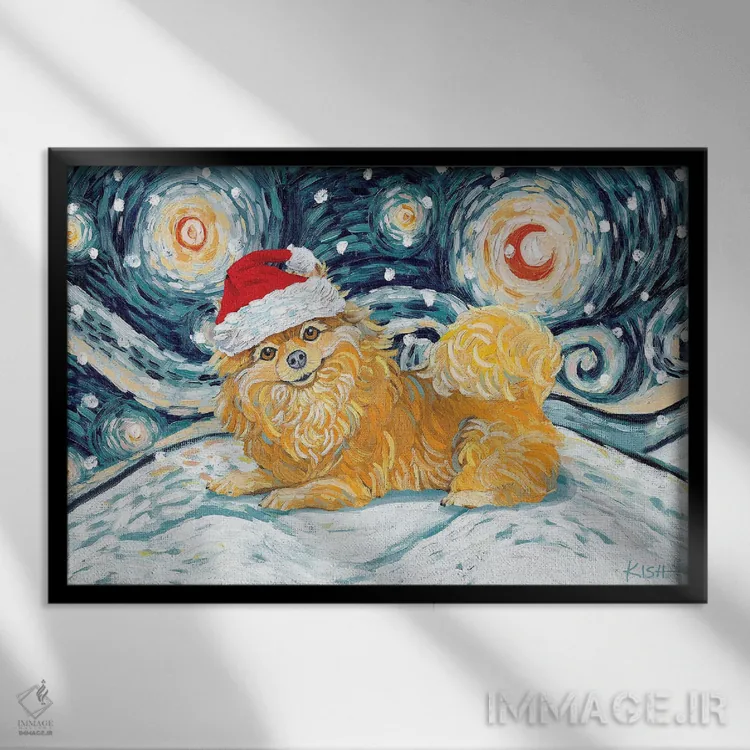 تابلو دکوراتیو پامرانین در یک شب برفی اثر گرچن کیش سرانو - نمای قابدار مشکی