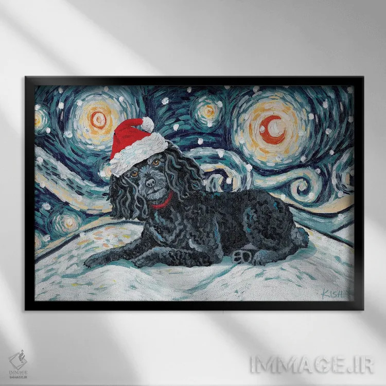 تابلو دکوراتیو پودل مشکی در یک شب برفی اثر گرچن کیش سرانو - نمای قابدار مشکی