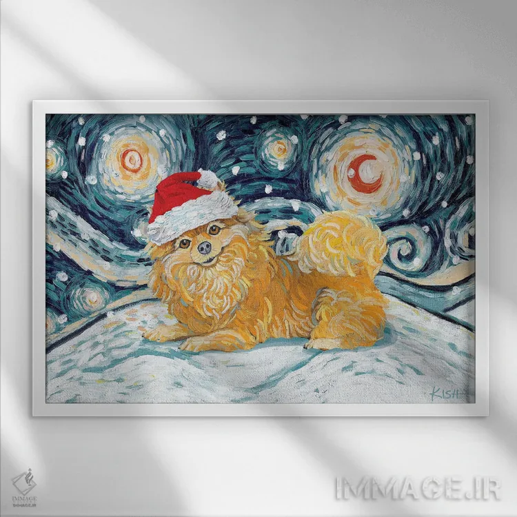 تابلو دکوراتیو پامرانین در یک شب برفی اثر گرچن کیش سرانو - نمای قابدار سفید