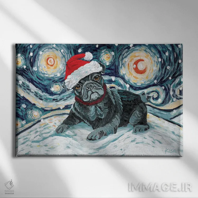 تابلو دکوراتیو پاگ مشکی در یک شب برفی اثر گرچن کیش سرانو - نمای روبهرو روی دیوار