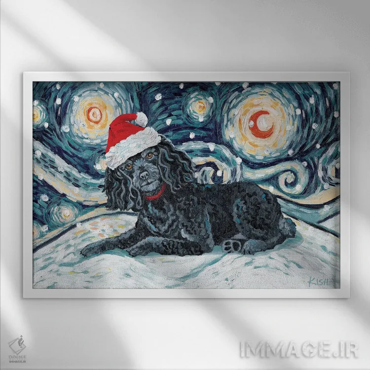 تابلو دکوراتیو پودل مشکی در یک شب برفی اثر گرچن کیش سرانو - نمای قابدار سفید