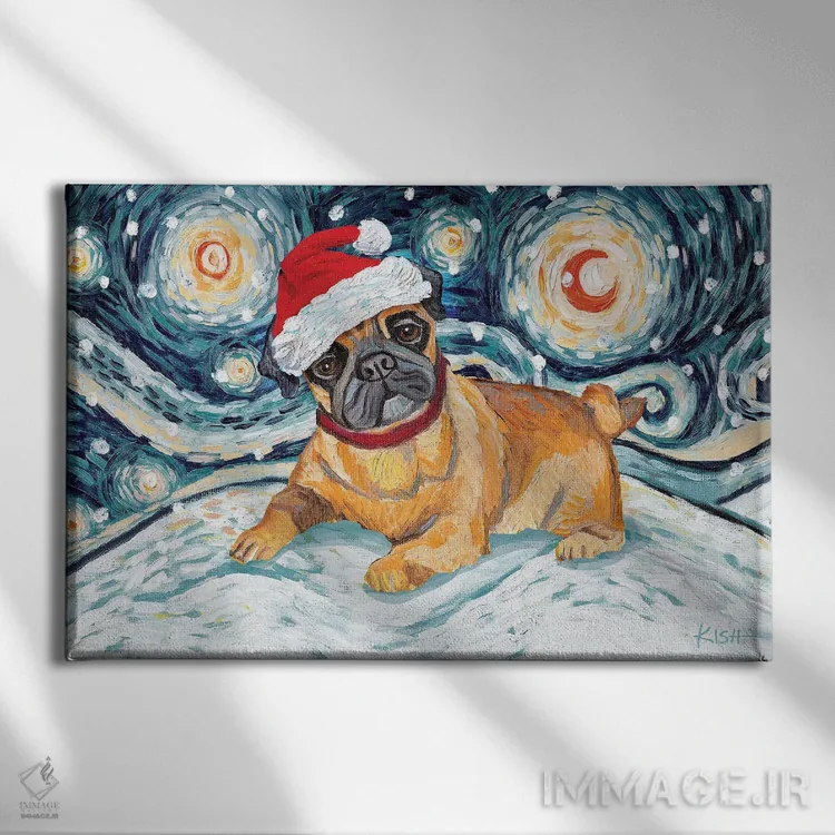 تابلو دکوراتیو پاگ در یک شب برفی اثر گرچن کیش سرانو - نمای روبهرو روی دیوار