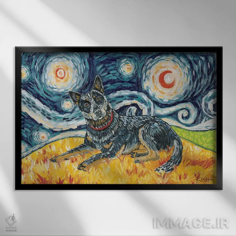تابلو دکوراتیو سگ گله استرالیایی در یک شب پرستاره اثر گرچن کیش سرانو - نمای قابدار مشکی