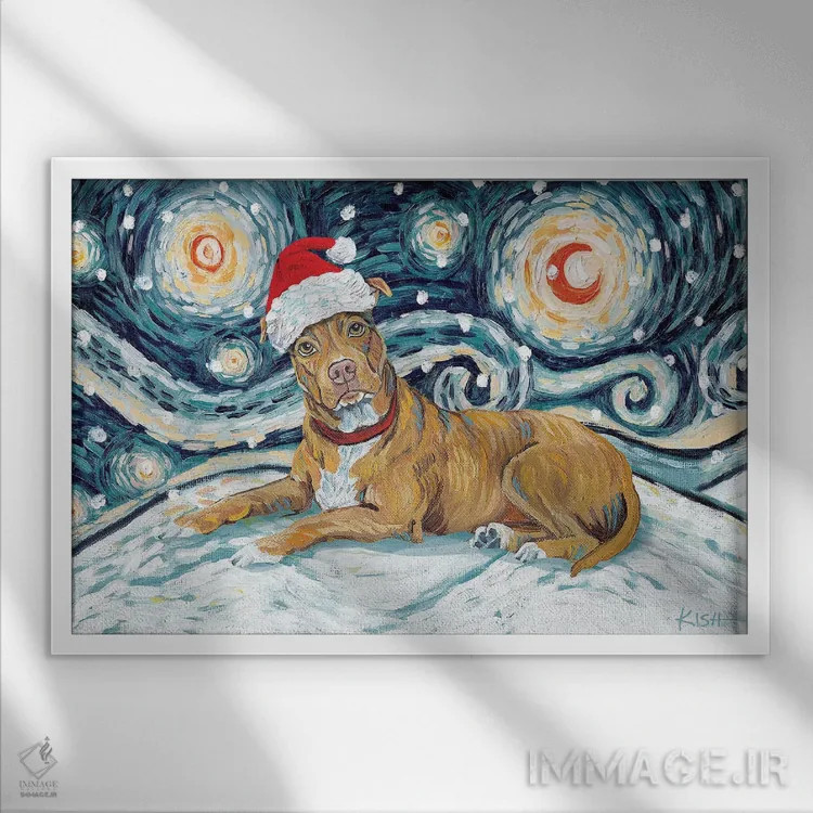 تابلو دکوراتیو پیت بول خرمایی در یک شب برفی اثر گرچن کیش سرانو - نمای قابدار سفید