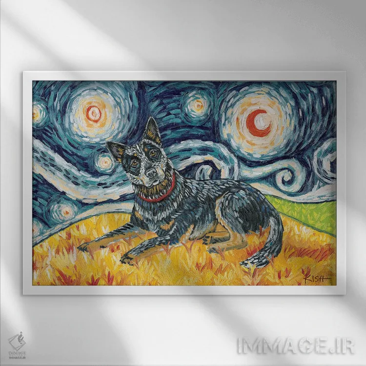 تابلو دکوراتیو سگ گله استرالیایی در یک شب پرستاره اثر گرچن کیش سرانو - نمای قابدار سفید