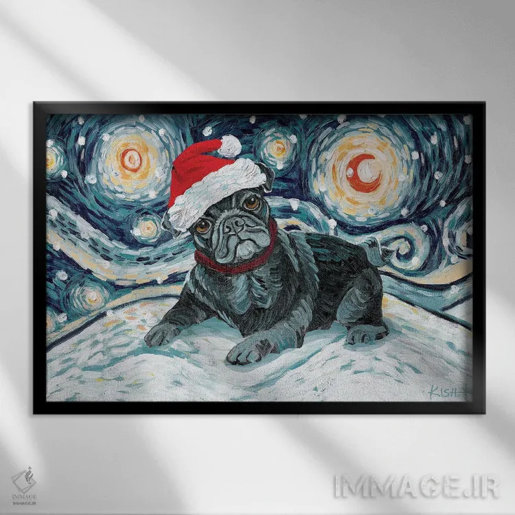 تابلو دکوراتیو پاگ مشکی در یک شب برفی اثر گرچن کیش سرانو - نمای قابدار مشکی