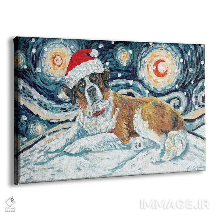 تابلو دکوراتیو سنت برنارد در یک شب برفی اثر گرچن کیش سرانو - نمای پرسپکتیو محصول