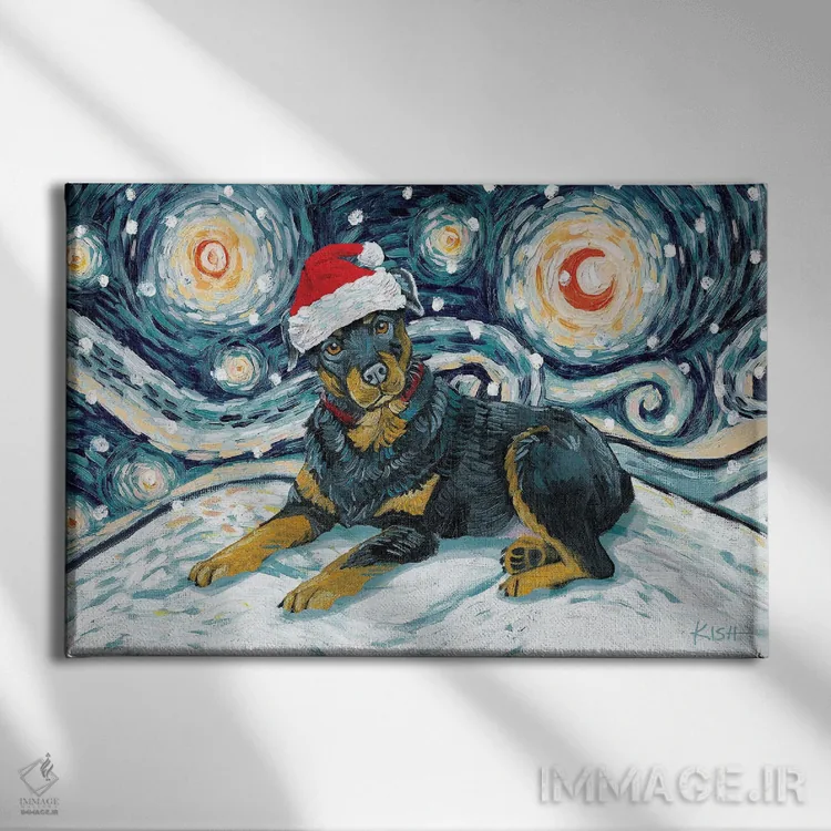 تابلو دکوراتیو روتوایلر در یک شب برفی اثر گرچن کیش سرانو - نمای روبهرو روی دیوار