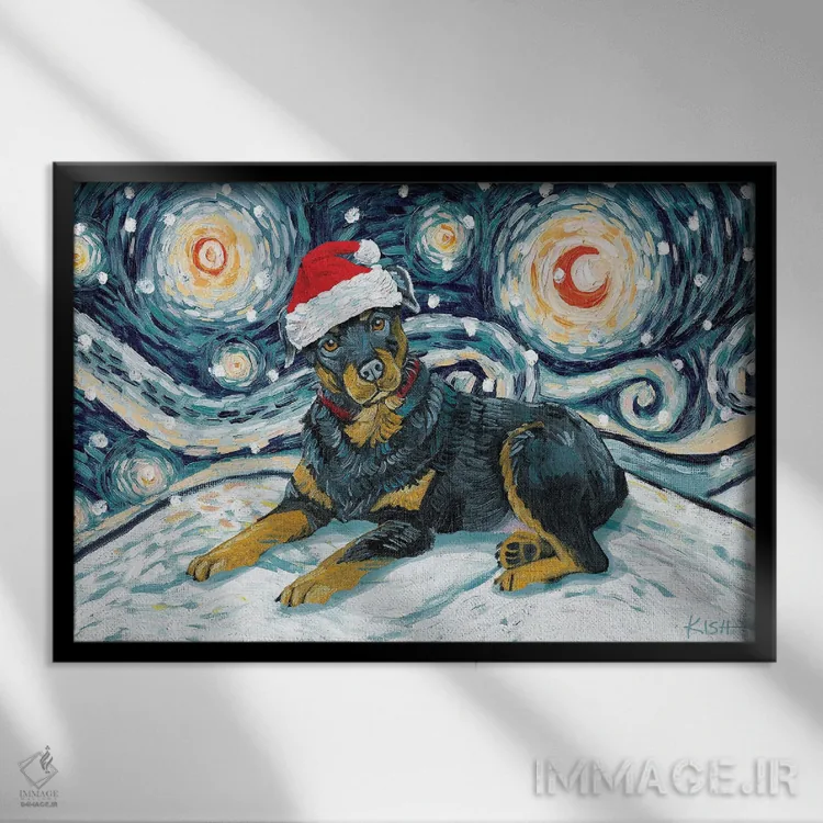 تابلو دکوراتیو روتوایلر در یک شب برفی اثر گرچن کیش سرانو - نمای قابدار مشکی