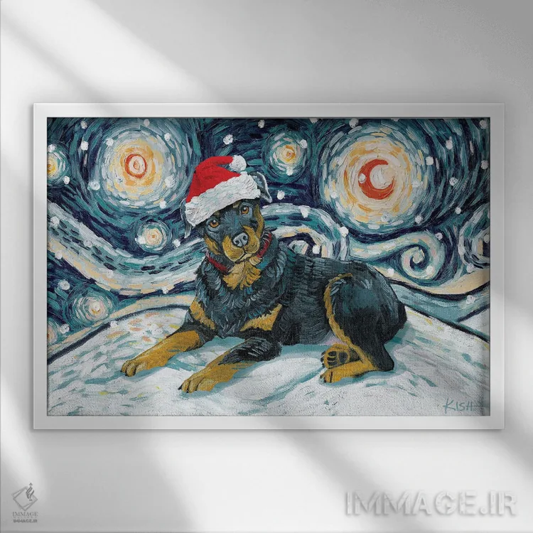 تابلو دکوراتیو روتوایلر در یک شب برفی اثر گرچن کیش سرانو - نمای قابدار سفید