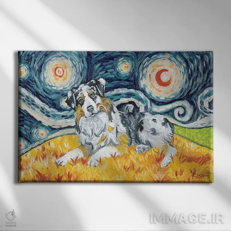 تابلو دکوراتیو شپرد استرالیایی در یک شب پرستاره اثر گرچن کیش سرانو - نمای روبهرو روی دیوار