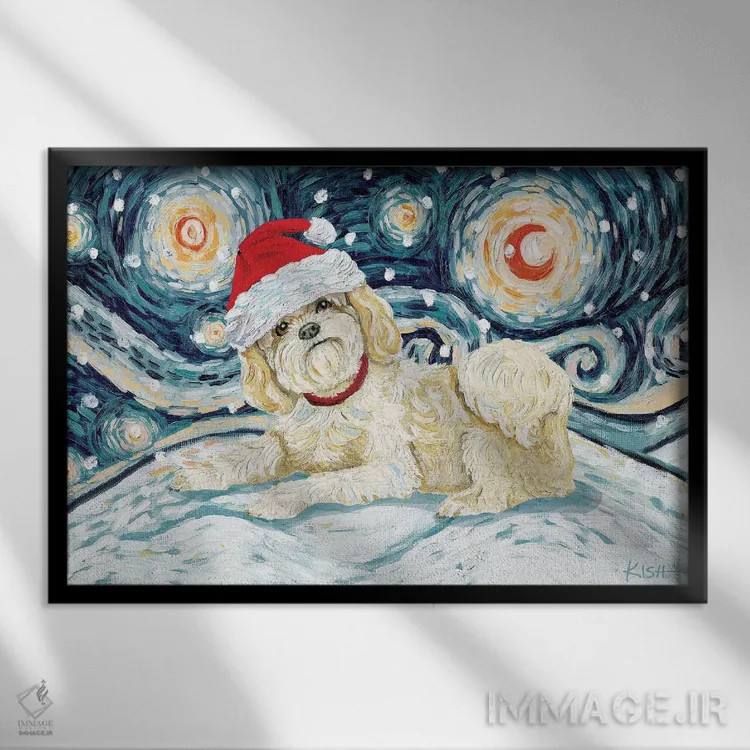 تابلو دکوراتیو شیه تزو کرم رنگ در یک شب برفی اثر گرچن کیش سرانو - نمای قابدار مشکی