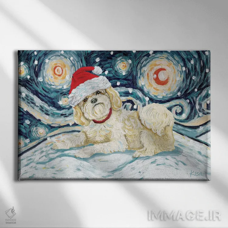 تابلو دکوراتیو شیه تزو کرم رنگ در یک شب برفی اثر گرچن کیش سرانو - نمای روبهرو روی دیوار