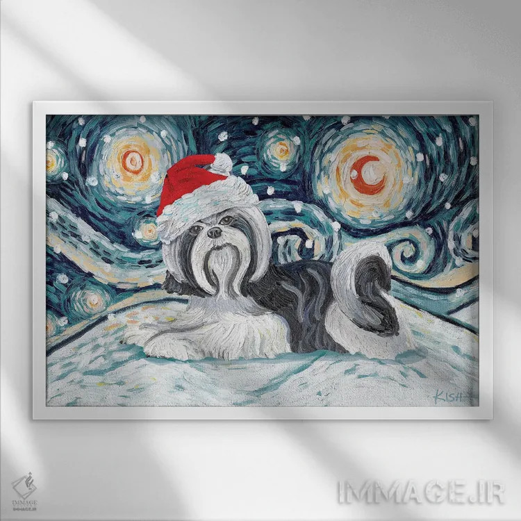 تابلو دکوراتیو شیه تزو سیاه و سفید در یک شب برفی اثر گرچن کیش سرانو - نمای قابدار سفید