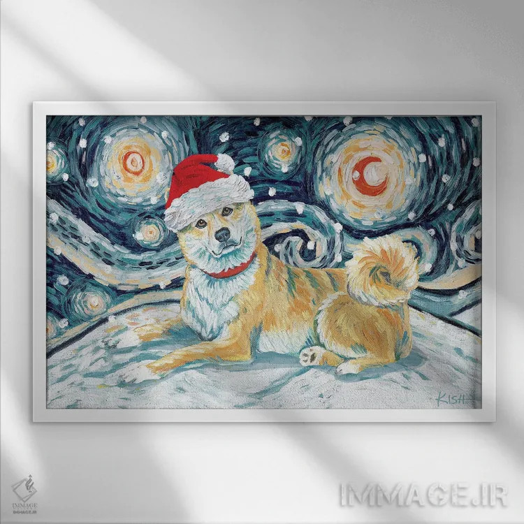 تابلو دکوراتیو شیبا اینو کرم رنگ در یک شب برفی اثر گرچن کیش سرانو - نمای قابدار سفید