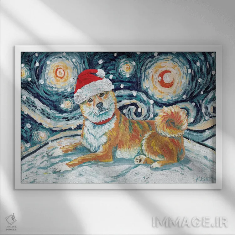 تابلو دکوراتیو شیبا اینو قرمز در یک شب برفی اثر گرچن کیش سرانو - نمای قابدار سفید