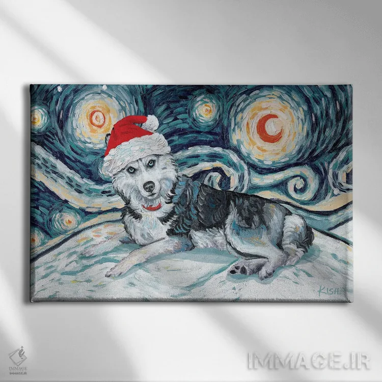 تابلو دکوراتیو هاسکی سیبری در یک شب برفی اثر گرچن کیش سرانو - نمای روبهرو روی دیوار