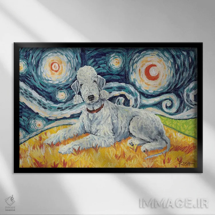 تابلو دکوراتیو بدلینگتون تریر در یک شب پرستاره اثر گرچن کیش سرانو - نمای قابدار مشکی