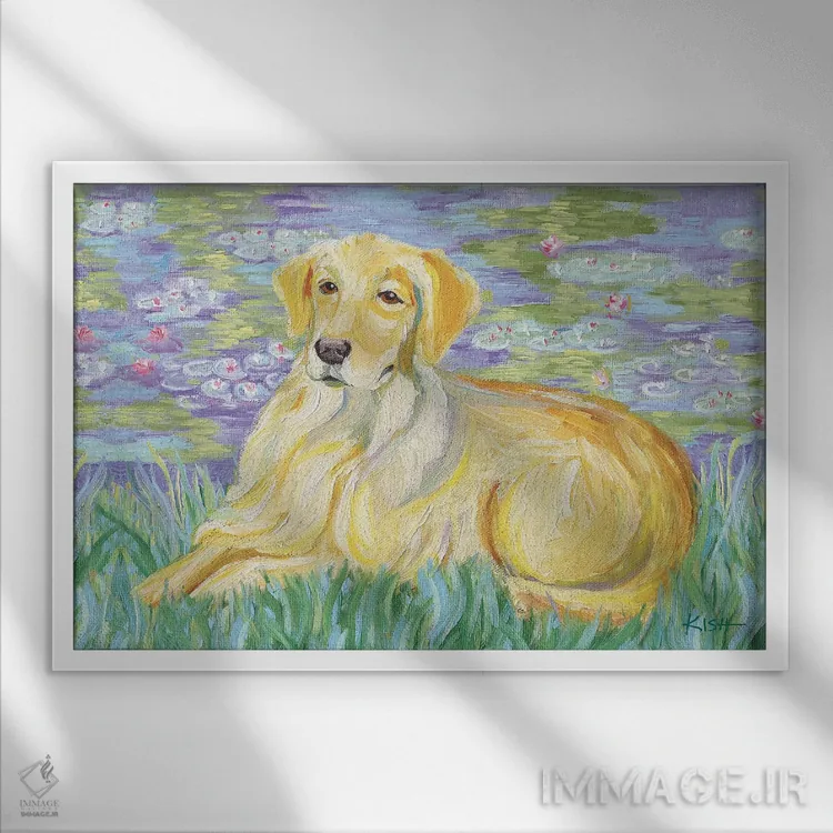 تابلو دکوراتیو گلدن رتریور بونیت اثر گرچن کیش سرانو - نمای قابدار سفید