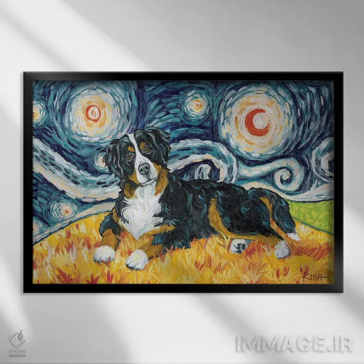 تابلو دکوراتیو سگ کوهستان برن در یک شب پرستاره اثر گرچن کیش سرانو - نمای قابدار مشکی