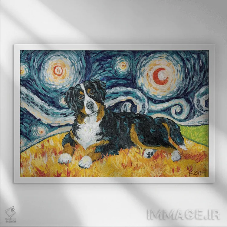 تابلو دکوراتیو سگ کوهستان برن در یک شب پرستاره اثر گرچن کیش سرانو - نمای قابدار سفید