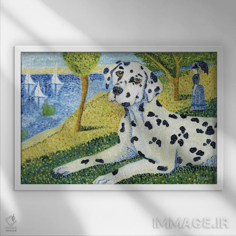 تابلو دکوراتیو دالماتین در یک بعدازظهر یکشنبه اثر گرچن کیش سرانو - نمای قابدار سفید