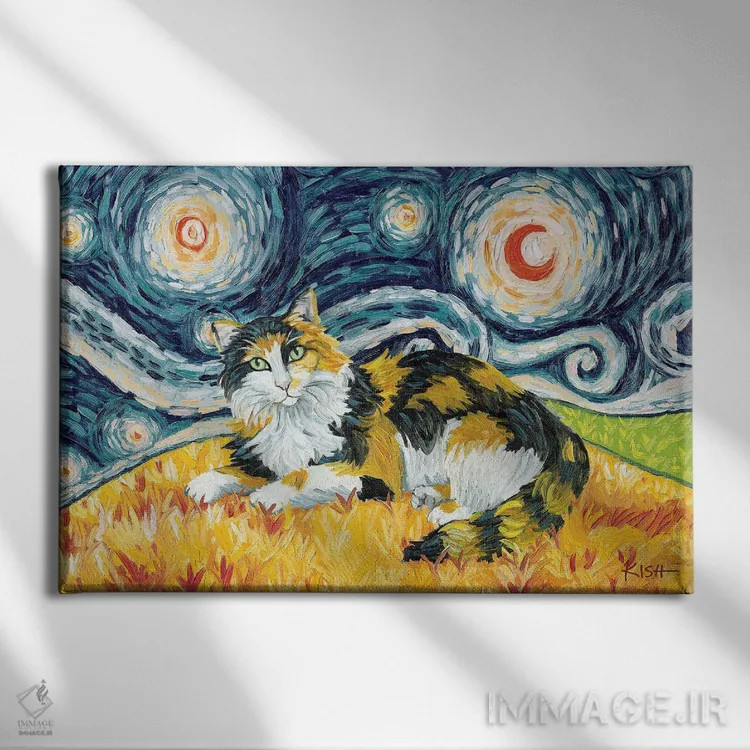 تابلو دکوراتیو گربه کالیکو مو بلند در یک شب پرستاره اثر گرچن کیش سرانو - نمای روبهرو روی دیوار