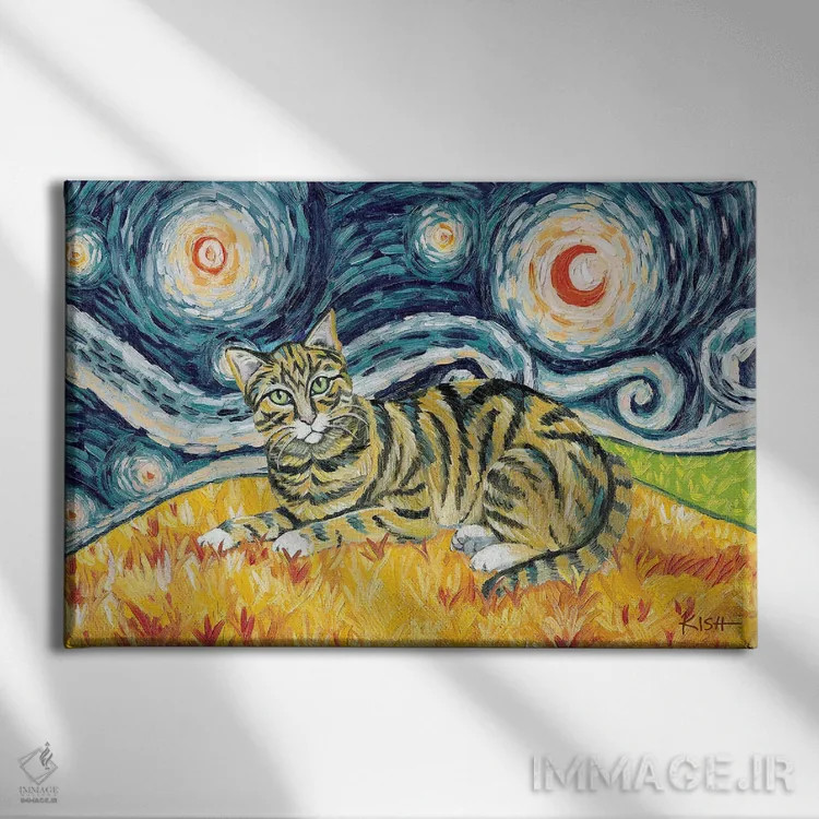 تابلو دکوراتیو گربه تبی خرمایی در یک شب پرستاره اثر گرچن کیش سرانو - نمای روبهرو روی دیوار