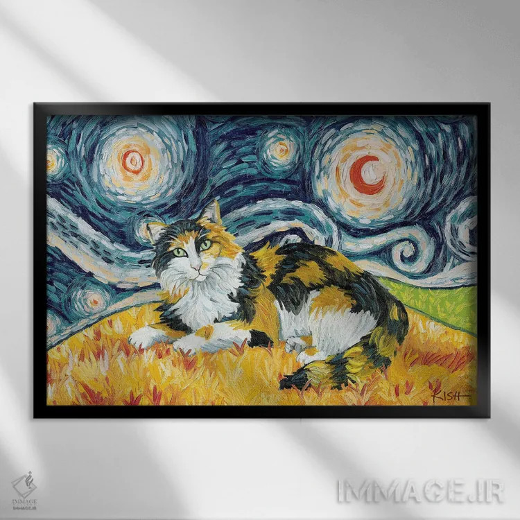 تابلو دکوراتیو گربه کالیکو مو بلند در یک شب پرستاره اثر گرچن کیش سرانو - نمای قابدار مشکی