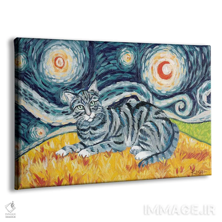 تابلو دکوراتیو گربه تبی خاکستری در یک شب پرستاره اثر گرچن کیش سرانو - نمای پرسپکتیو محصول