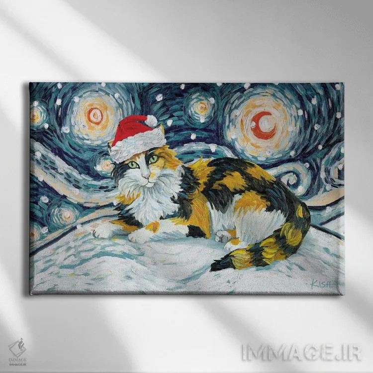 تابلو دکوراتیو گربه کالیکو در یک شب برفی اثر گرچن کیش سرانو - نمای روبهرو روی دیوار